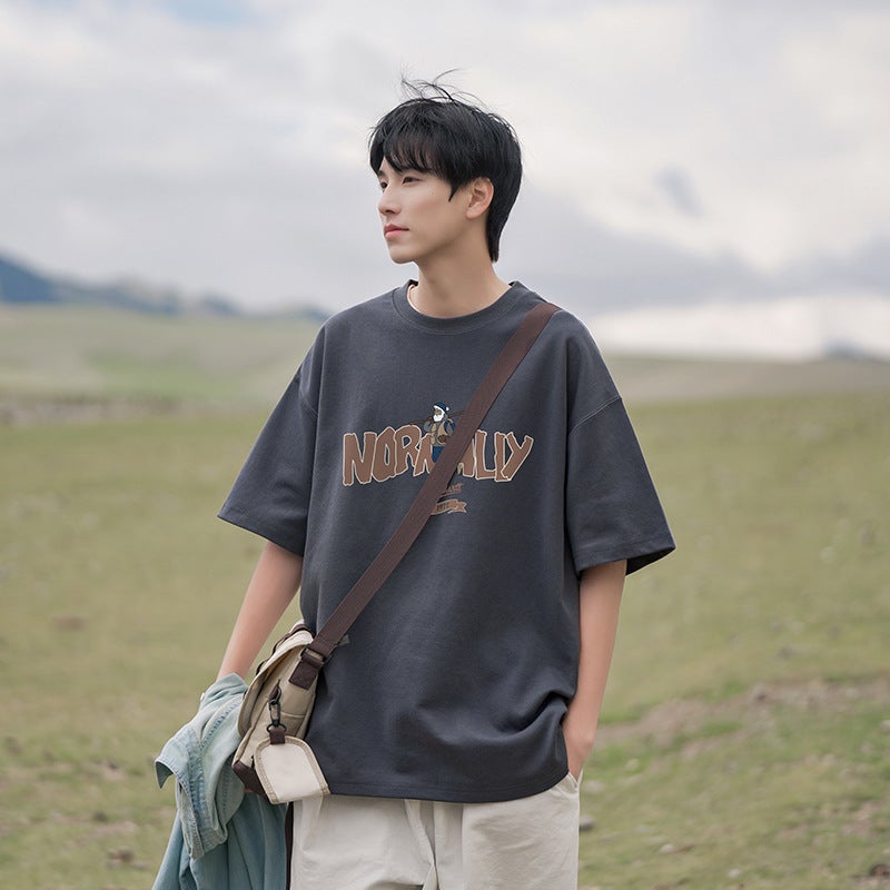 Short-Sleeved T-Shirt Men'S American-Style Retro Ins Trendy Brand Heavy Cotton Loose Casual Solid Color Round Neck Pullover Half-Sleeved T-Shirt - Image 1