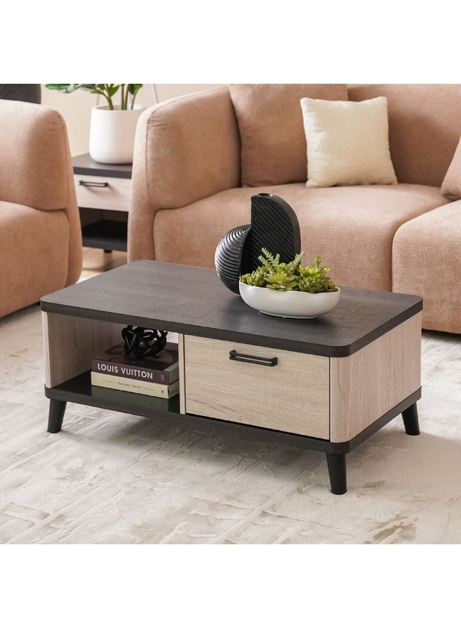 DANUBE HOME طاولة كيروين المركزية مع 1 درج طاولة قهوة متعددة الوظائف لغرفة المعيشة تصميم حديث أثاث للمنزل | صنع في ماليزيا L100XW55XH41.5Cm-رمادي بلوط/أسود - Image 2