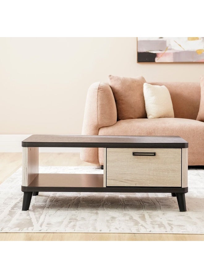 DANUBE HOME طاولة كيروين المركزية مع 1 درج طاولة قهوة متعددة الوظائف لغرفة المعيشة تصميم حديث أثاث للمنزل | صنع في ماليزيا L100XW55XH41.5Cm-رمادي بلوط/أسود - Image 1