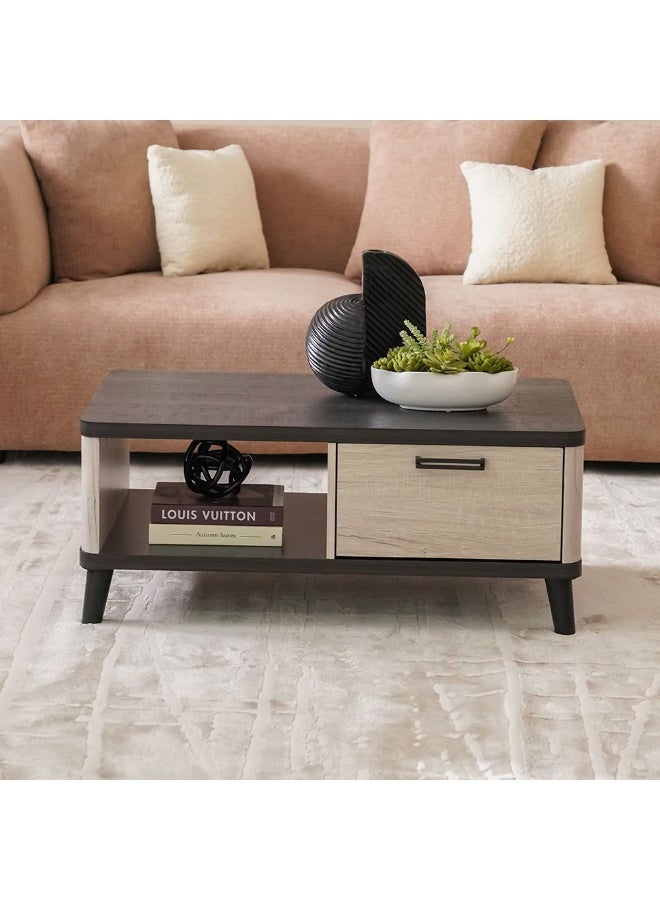 DANUBE HOME طاولة كيروين المركزية مع 1 درج طاولة قهوة متعددة الوظائف لغرفة المعيشة تصميم حديث أثاث للمنزل | صنع في ماليزيا L100XW55XH41.5Cm-رمادي بلوط/أسود - Image 3