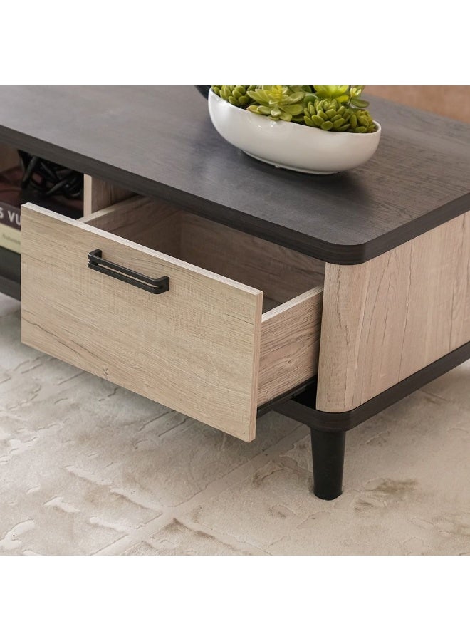 DANUBE HOME طاولة كيروين المركزية مع 1 درج طاولة قهوة متعددة الوظائف لغرفة المعيشة تصميم حديث أثاث للمنزل | صنع في ماليزيا L100XW55XH41.5Cm-رمادي بلوط/أسود - Image 4