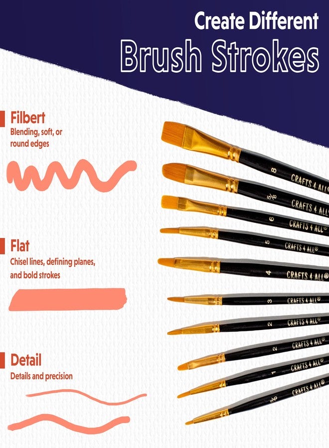 Crafts 4 All Acrylic Paint Brushes - Pack of 10 Professional, Wide and Fine Tip, Nylon Hair Artist Paintbrushes - Paintbrush Bulk Set for Watercolor, Canvas, Craft, Detail & Oil Painting - Image 3