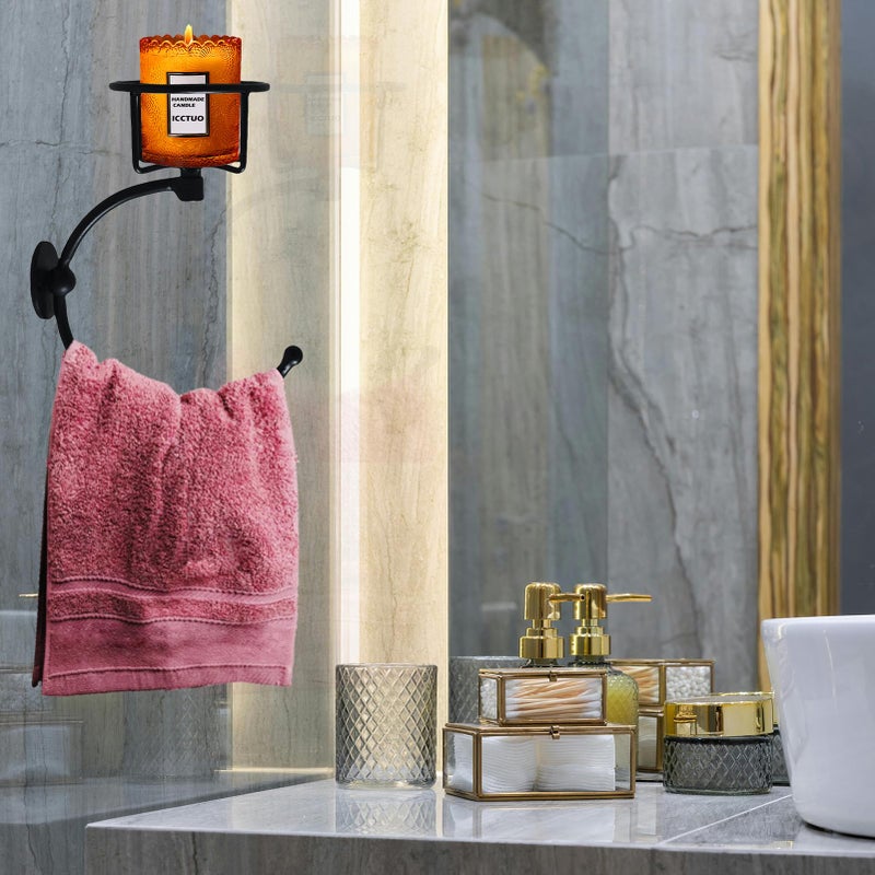 ICCTUO Hand Towel Holder, Matt Black Hand Towel Ring for Bathroom Wall Mounted, Heavy Duty Towel Hook with Candle Holder for Bathroom Wall Decoration - Image 2