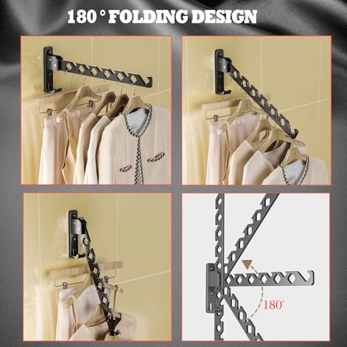 Dr.DJ Wall Mount Coat Hanger Holder Black Clothes Drying Organizer Rack Garment Hooks Aluminium Retractable Folding Indoor Wall Mounted Hanger for Laundry Room Bedroom Black 2Pack with 80cm Rod - Image 3