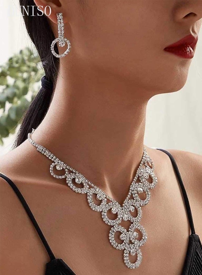 DUNISO 2 Piece Necklace Earrings Set, Full Diamond V Neck Necklace, Crystal Earrings, Wedding Prom Jewelry Sets, Bridesmaid Party Choker Necklace for Women and Girls Dress Accessories - Image 2