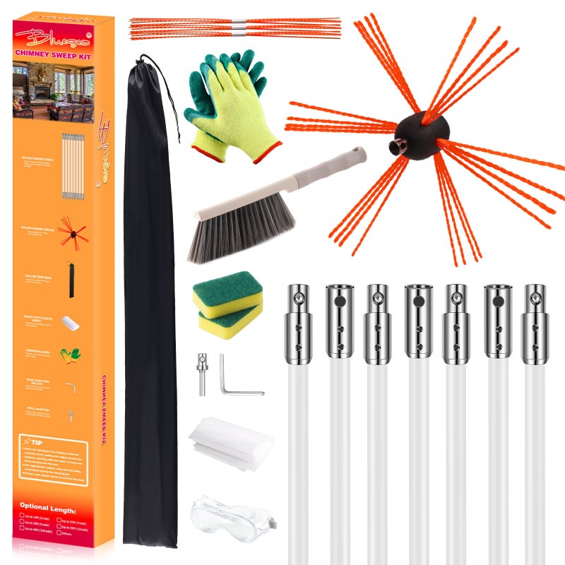 BlueSea Bluesea 23 Feet Chimney Sweep Kit Ergonomic Chimney Cleaning Kit Extends Up to 23 Feet Chimney Cleaner Chimney Cleaning Tools Chimney Cleaning System with Strong Brush 7 Flexible Chimney Rods 