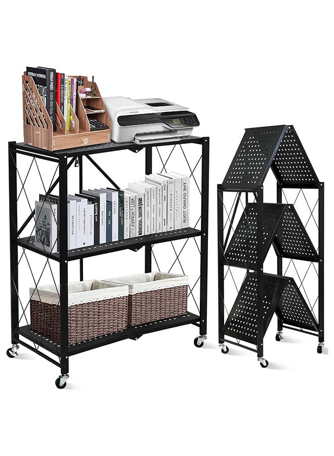 SKY-TOUCH 3 Tier Foldable Storage Shelves, Kitchen Shelf with Caster Wheels, Storage Shelves Easy Assembly Shelf Foldable Storage Shelves for Living Room Bedroom Kitchen Garage Black - Image 1