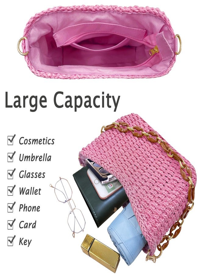 Beurlike Small Straw Handbags for Women Crossbody Pocketbooks Woven Shoulder Purses Beach Tote Bag for Summer Vacation with Chain, Pink, Small - Image 3
