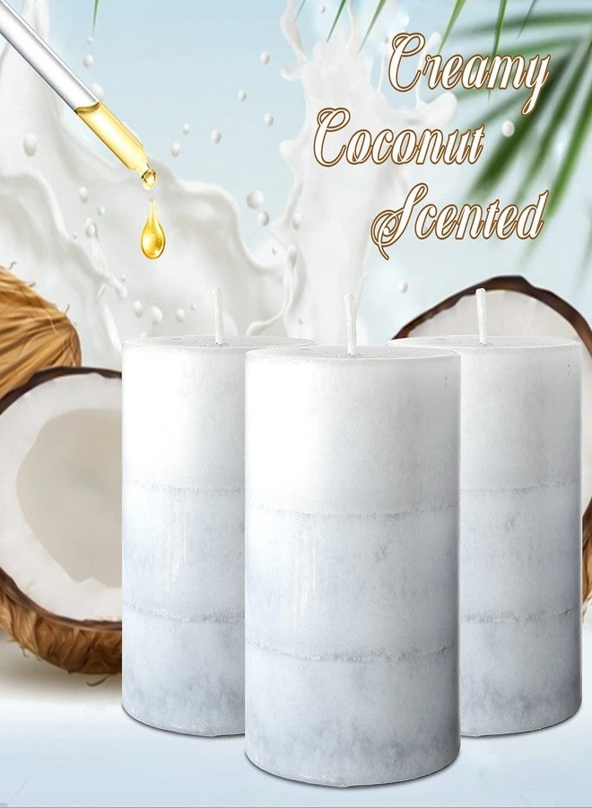 FLAVCHARM Set of 3 Scented Pillar Candles Creamy Coconut Scented 3" x 4" Long-Lasting Burn Candle White Gray Palette Pillar Candle Clean Burning No Drip Candles Gift for Home Party Dinner Table Decor - Image 3