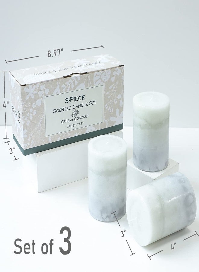 FLAVCHARM Set of 3 Scented Pillar Candles Creamy Coconut Scented 3" x 4" Long-Lasting Burn Candle White Gray Palette Pillar Candle Clean Burning No Drip Candles Gift for Home Party Dinner Table Decor - Image 5