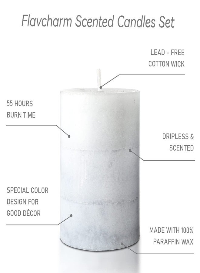 FLAVCHARM Set of 3 Scented Pillar Candles Creamy Coconut Scented 3" x 4" Long-Lasting Burn Candle White Gray Palette Pillar Candle Clean Burning No Drip Candles Gift for Home Party Dinner Table Decor - Image 4