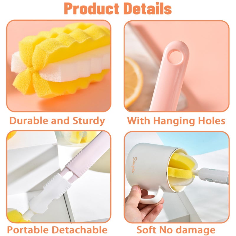 INVODA 4PCS Bottle Brush Long Handle Cup Cleaner Brush Sponge Bottle Scrubber Detachable Handle Portable Sponge Cleaning Brush for Baby Bottle Dishwashing Kitchen Clean Glasses Mugs (4 PCS) - Image 2