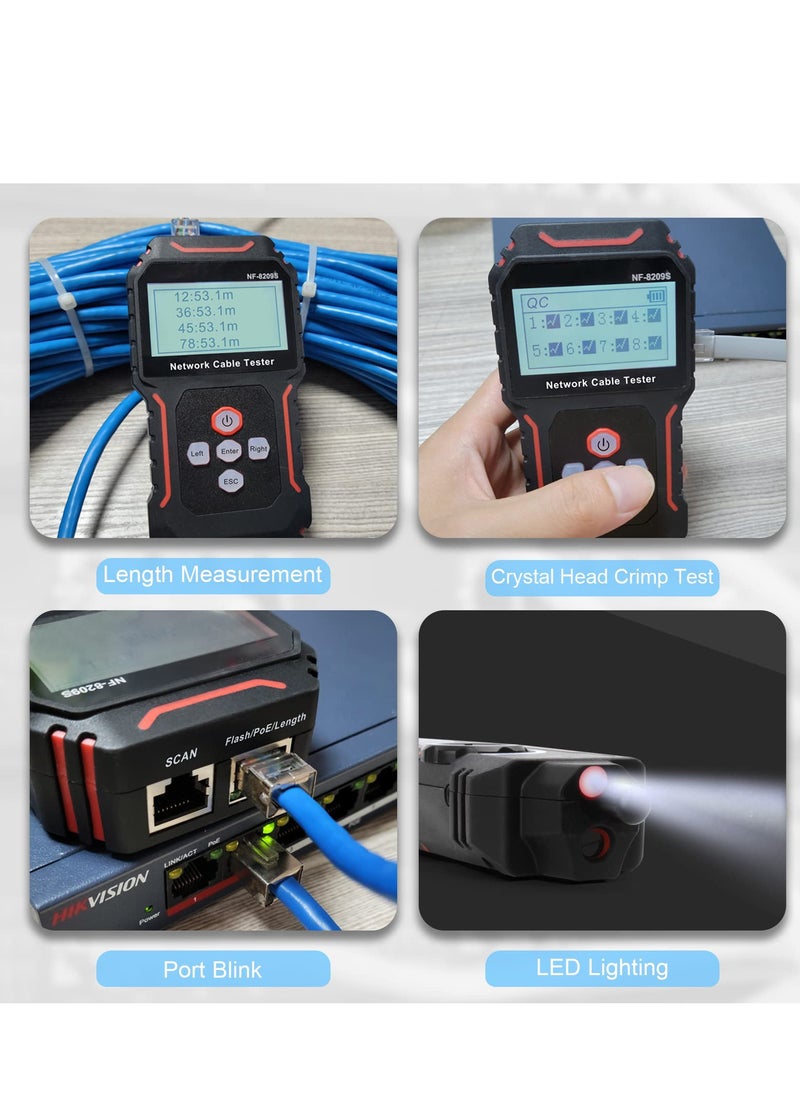 SYOSI - م tester كابلات الشبكة، كابلات محمولة بيد واحدة مع شاشة، ك tester للطول كابلات متعددة الوظائف لكابلات CAT5 و CAT6، باحث LAN و tester POE (NF-8209S) - Image 1