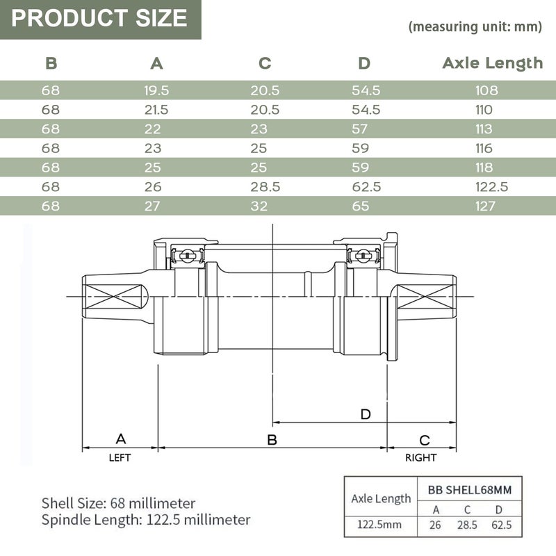 Thinvik Square Tapered Bottom Bracket - 68mm English BSA Compatible with Shimano BB-UN26/BB-300/BB-100/BB-101, 68mm x 108 110 113 116 118 122.5 127 - Image 5