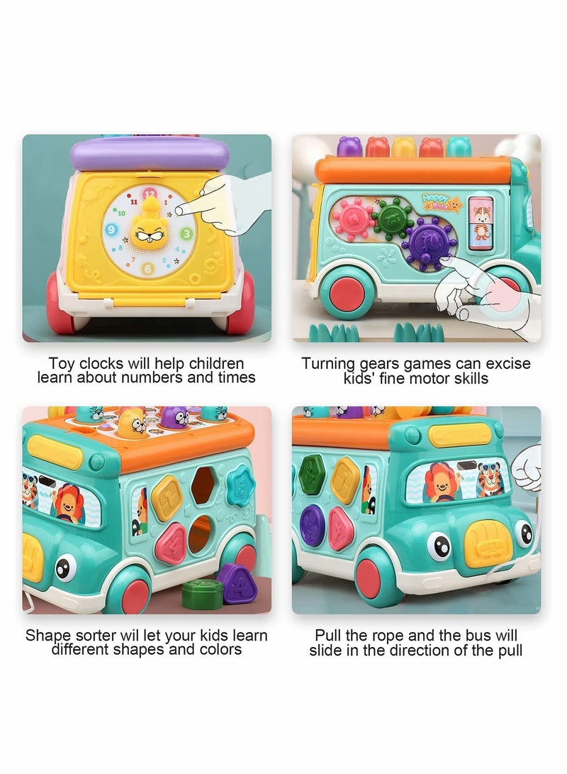 Baby Musical Learning Toys Cute Push Pull Bus Toy with Sound Light Game Shape Matching Gear Clock Activity Early Education Gift for Toddler Boys Girls