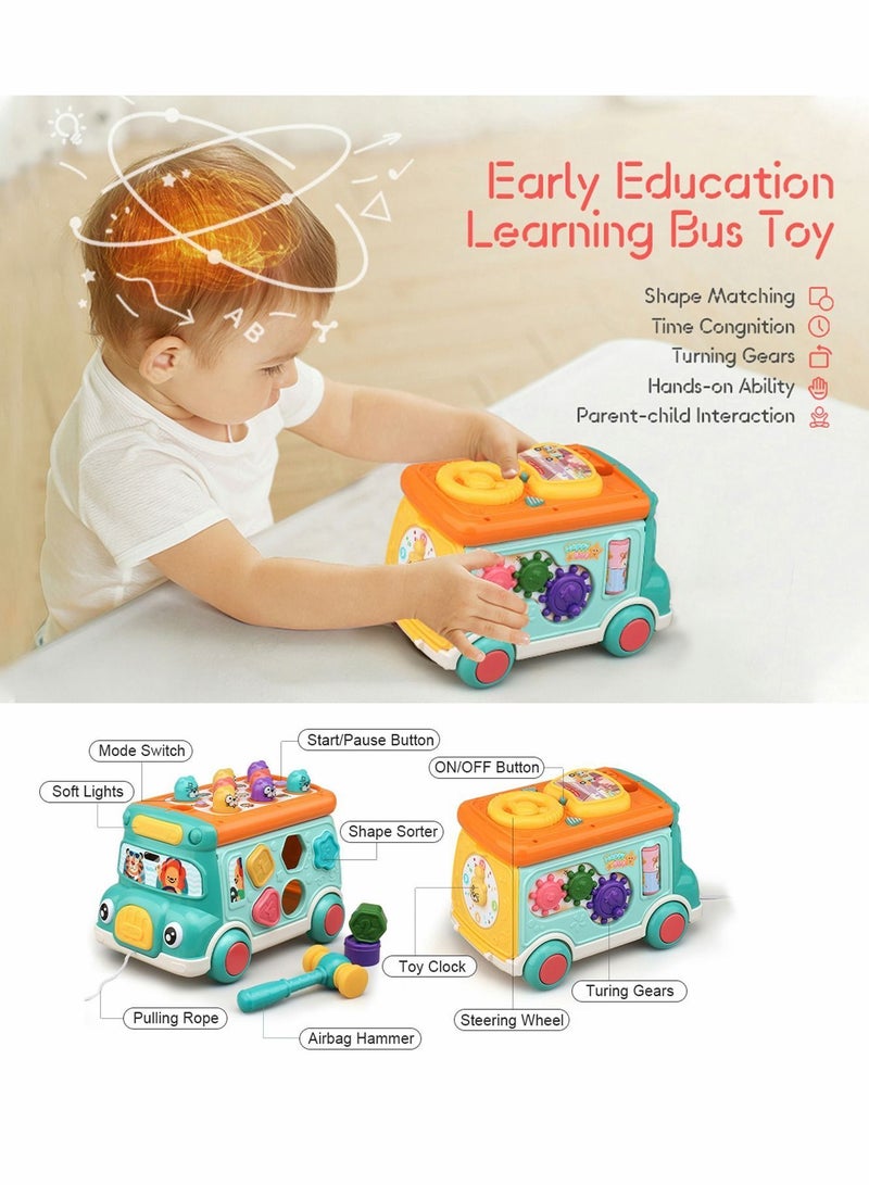 Baby Musical Learning Toys Cute Push Pull Bus Toy with Sound Light Game Shape Matching Gear Clock Activity Early Education Gift for Toddler Boys Girls