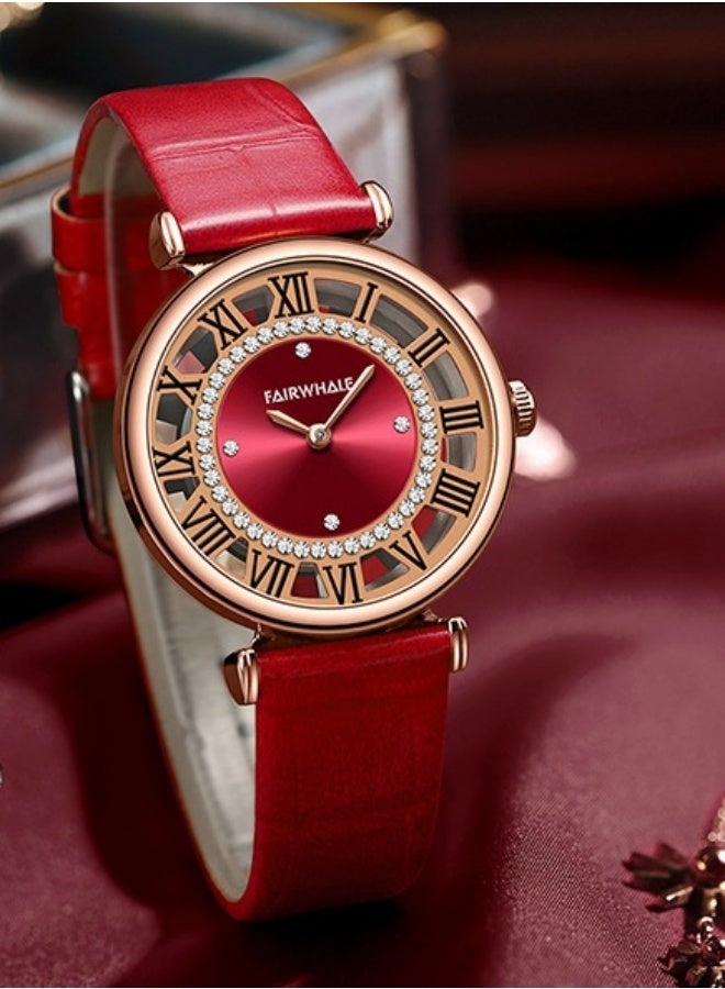 Mark Fairwhale Women's Quartz Watch with Diamond Accents, Red Round Dial and Genuine Leather Strap, Water-Resistant - Image 3