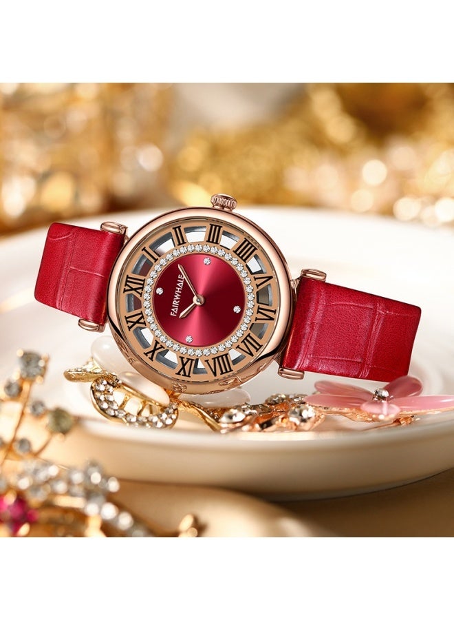 Mark Fairwhale Women's Quartz Watch with Diamond Accents, Red Round Dial and Genuine Leather Strap, Water-Resistant - Image 2