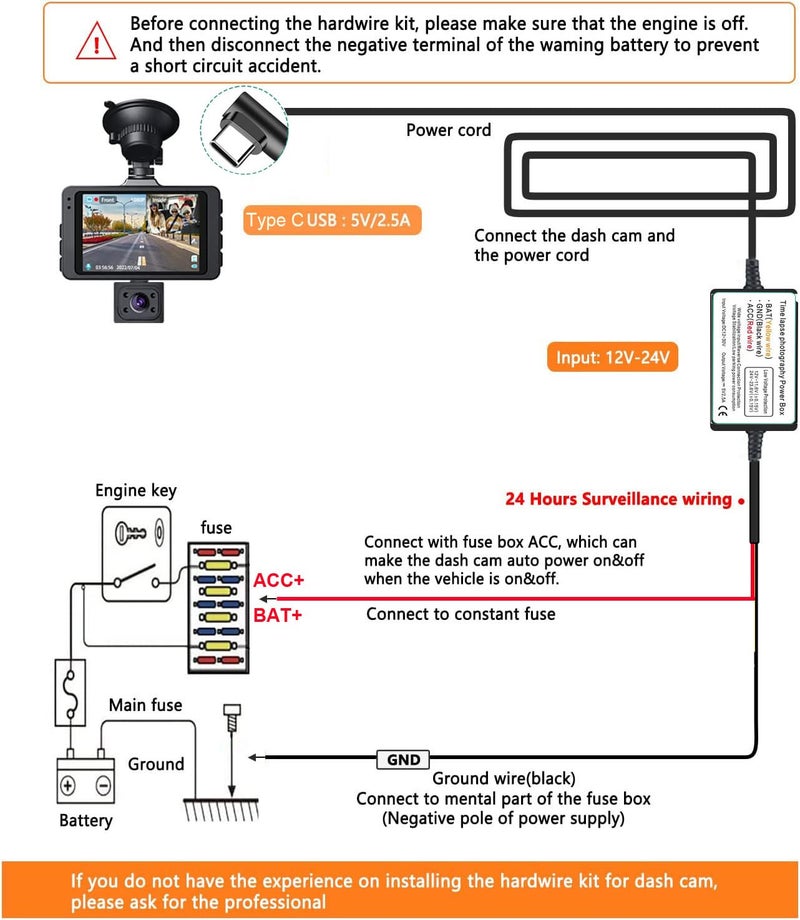 Gebildet Dash Cam Hardwire Kit, Type C USB Port, DC 12V - 24V to 5V/2.5A Max Car Charger Cable kit with Fuse, Low Voltage Protection for Dash Cam Cameras - Image 3