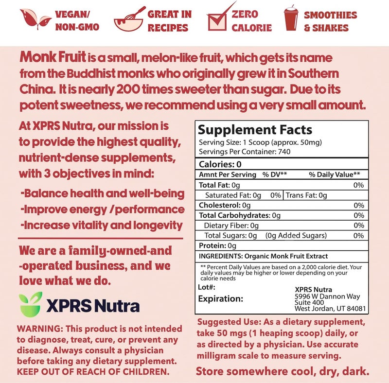 XPRS Nutra Monk Fruit Extract Powder - 1.3 Ounces of 25% Mogroside Zero Calorie Sweetener - Image 2