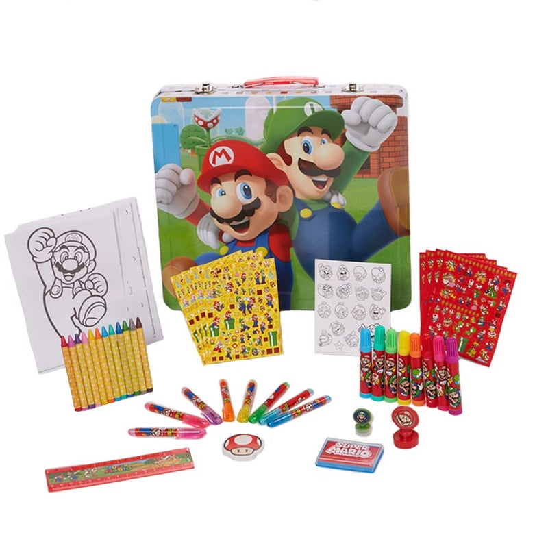 Innovative Designs Mario Brothers Super Mario Deluxe Activity Set with Carrying Tin, Coloring Sheets, Tattoos, Stickers, & Art Supplies - Image 1