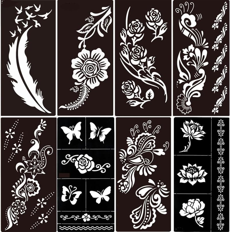 Glaryyears 8 Sheets Tattoo Stencil Hollow Drawing Black Mehndi Body Art Template Tool Feather Flower - Image 1