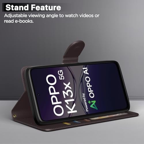 Pikkme Flip Cover for Oppo K13x 5G Leather Finish | Inside TPU with Card Pockets | Wallet Stand and Shock Proof | Complete Protection Flip Case(Coffee) - Image 3