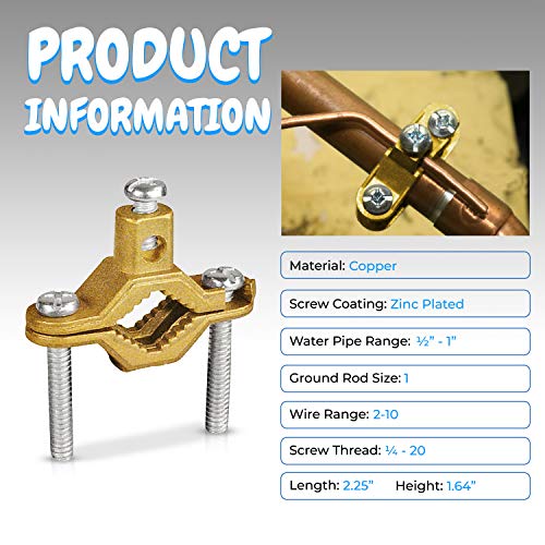 OHLECTRIC Heavy Duty Non-Direct Burial Copper Ground Clamp for ½" -1” Pipe Range | High Conductivity Ground Pipe Clamp | Supports 2-10" Wire Range | OL-38707 - Image 2