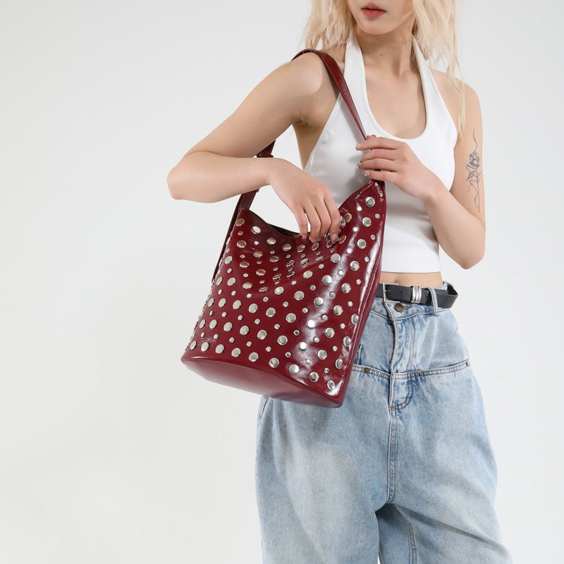 2025 Popular Rivet Women'S Bag Fashion Shoulder Bag New Bucket Bag Handbag - Image 4