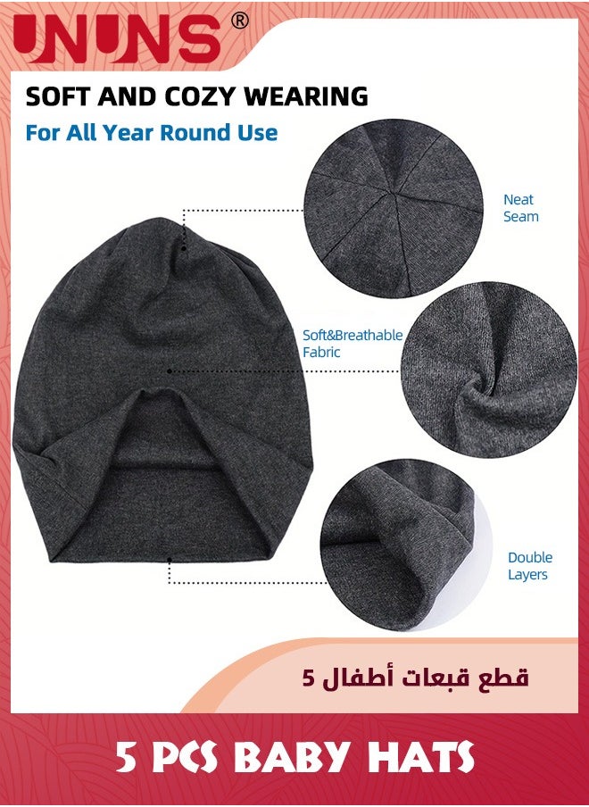 UNUNS 5 Pack Unisex Baby Hats,Soft Cotton Kids Hats Caps,Solid Color Cute Knit Cap For Toddler Boys Girls,Preemie Infants Baby Hats Beanie Caps,Warm Skull Caps For Little Child 1-7 Years Old,5 Colors  - Image 2
