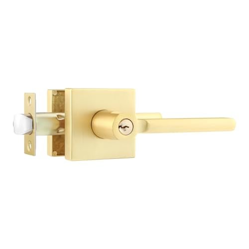 Leydebong 1 Pack Door Lever Lock Satin Brass Front/Exterior Door Handle Set Keyed Alike/Combo Keys, Gold Heavy Duty Left/Right Handing Exterior Door Handle, Entry Door Handle - Image 1