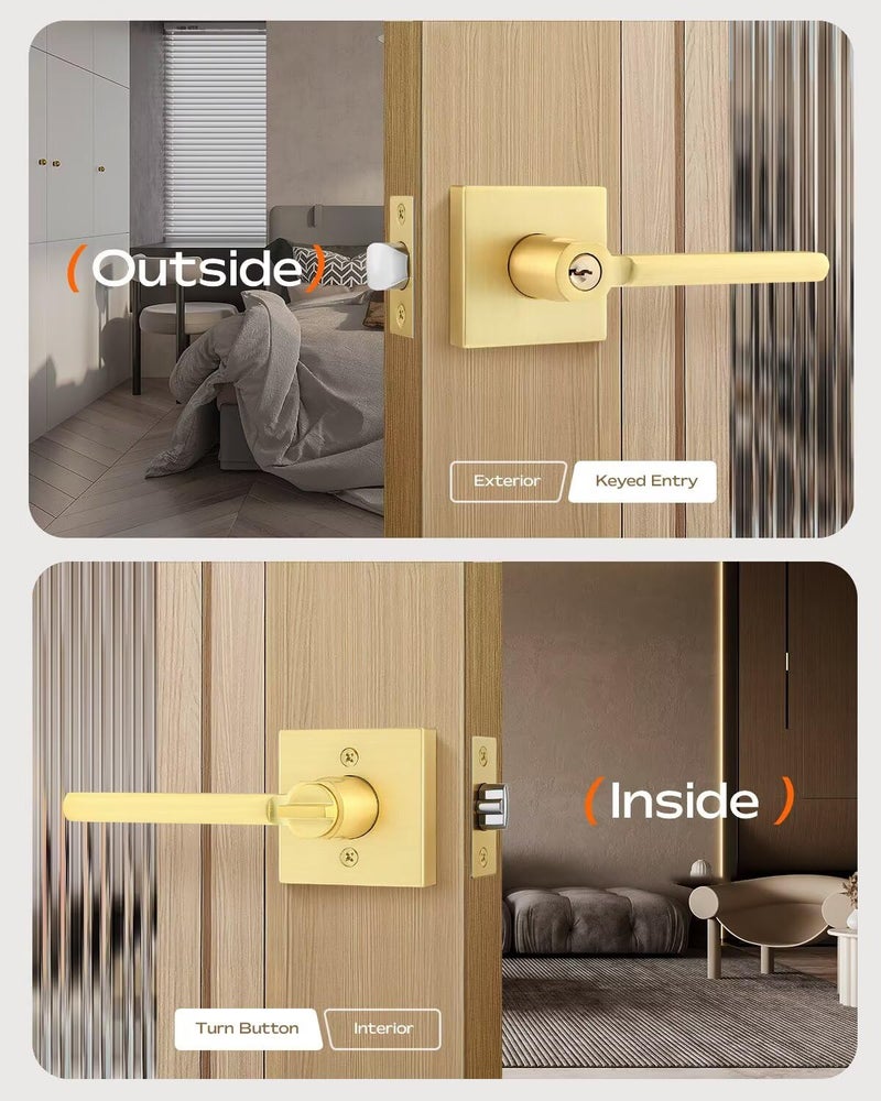 Leydebong 1 Pack Door Lever Lock Satin Brass Front/Exterior Door Handle Set Keyed Alike/Combo Keys, Gold Heavy Duty Left/Right Handing Exterior Door Handle, Entry Door Handle - Image 3