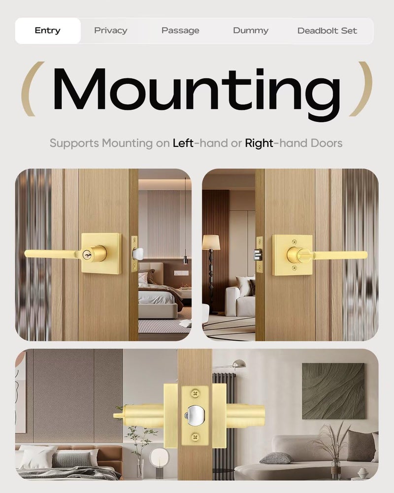 Leydebong 1 Pack Door Lever Lock Satin Brass Front/Exterior Door Handle Set Keyed Alike/Combo Keys, Gold Heavy Duty Left/Right Handing Exterior Door Handle, Entry Door Handle - Image 4