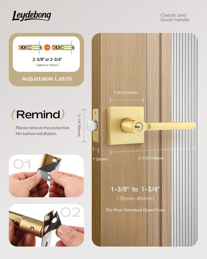 Leydebong 1 Pack Door Lever Lock Satin Brass Front/Exterior Door Handle Set Keyed Alike/Combo Keys, Gold Heavy Duty Left/Right Handing Exterior Door Handle, Entry Door Handle - Image 5