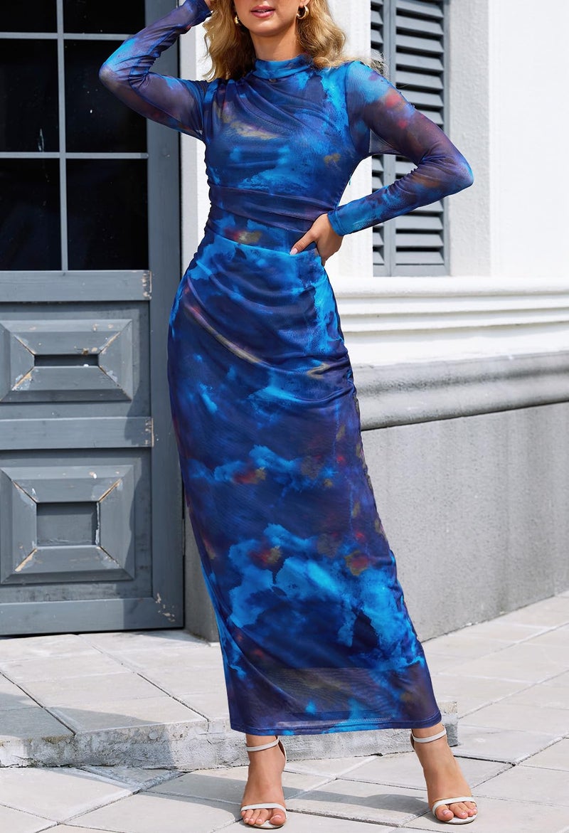 MEROKEETY Women's Long Sleeve Fall Wedding Guest Dress 2025 Bodycon Floral Mesh Ruched Cocktail Maxi Dresses, Blue, M - Image 2