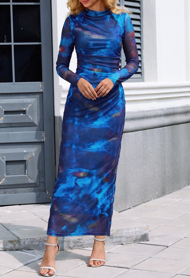 MEROKEETY Women's Long Sleeve Fall Wedding Guest Dress 2025 Bodycon Floral Mesh Ruched Cocktail Maxi Dresses, Blue, M - Image 3
