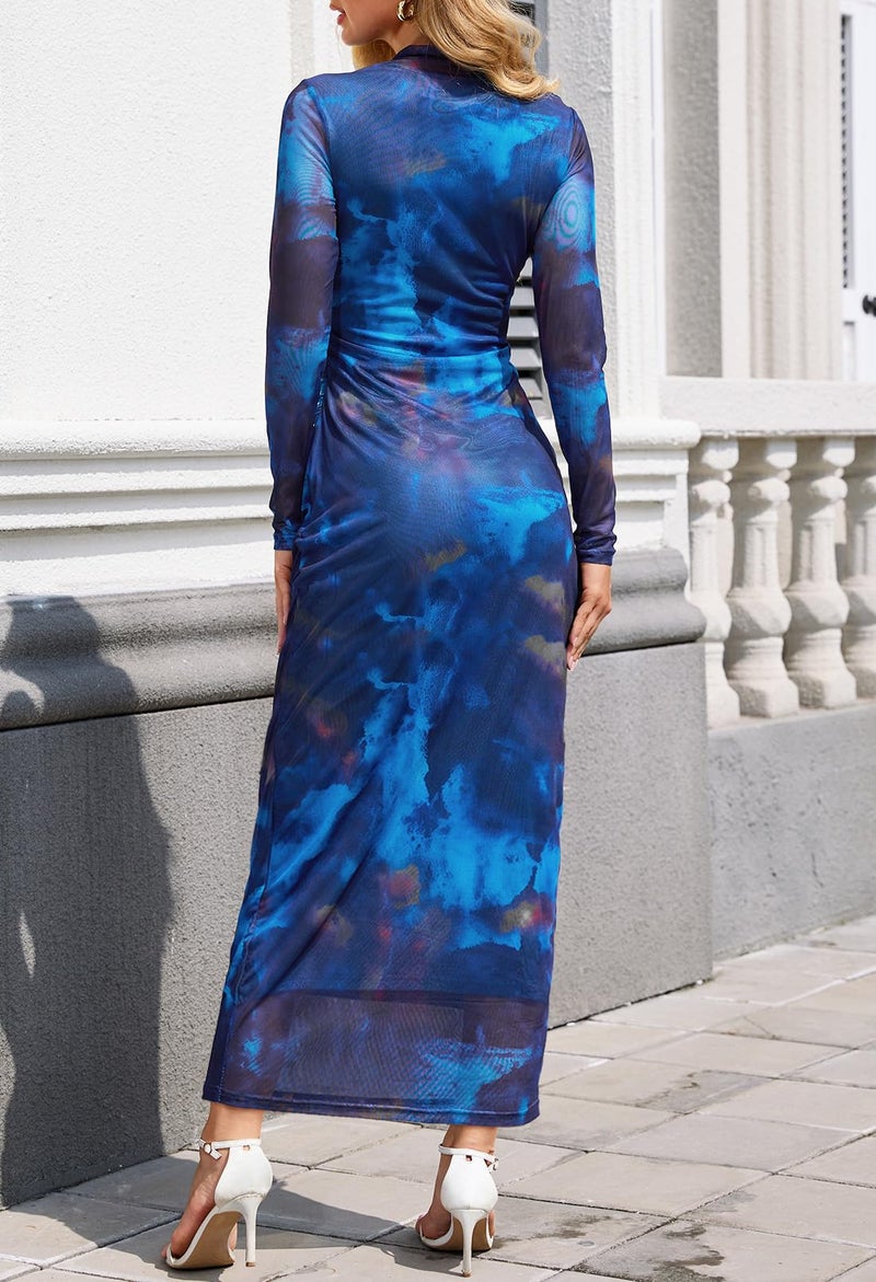 MEROKEETY Women's Long Sleeve Fall Wedding Guest Dress 2025 Bodycon Floral Mesh Ruched Cocktail Maxi Dresses, Blue, M - Image 4