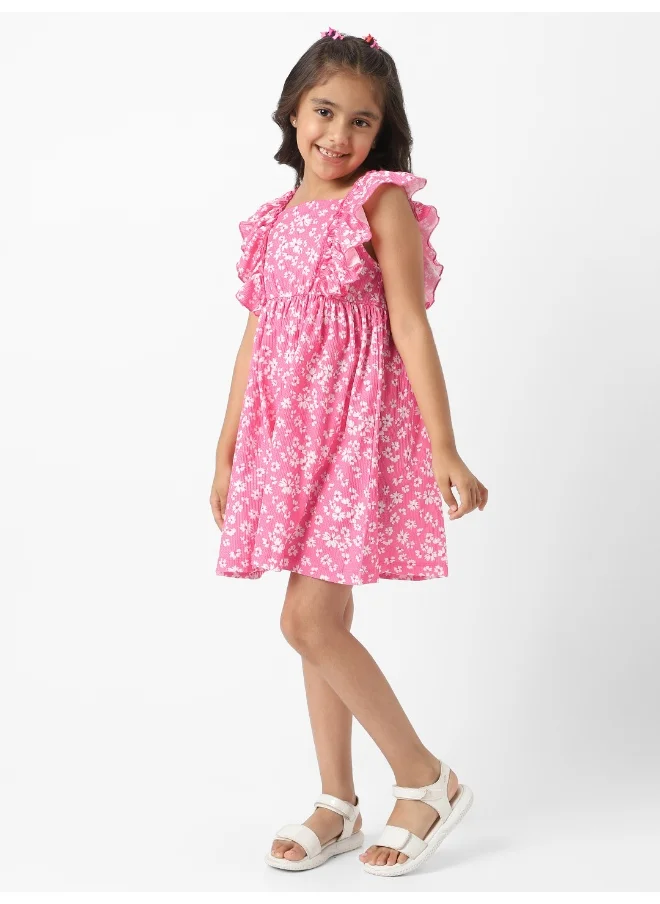 نوتيناتي Nautinati Girls' Textured Knit Ruffle Sleeves Floral Frock