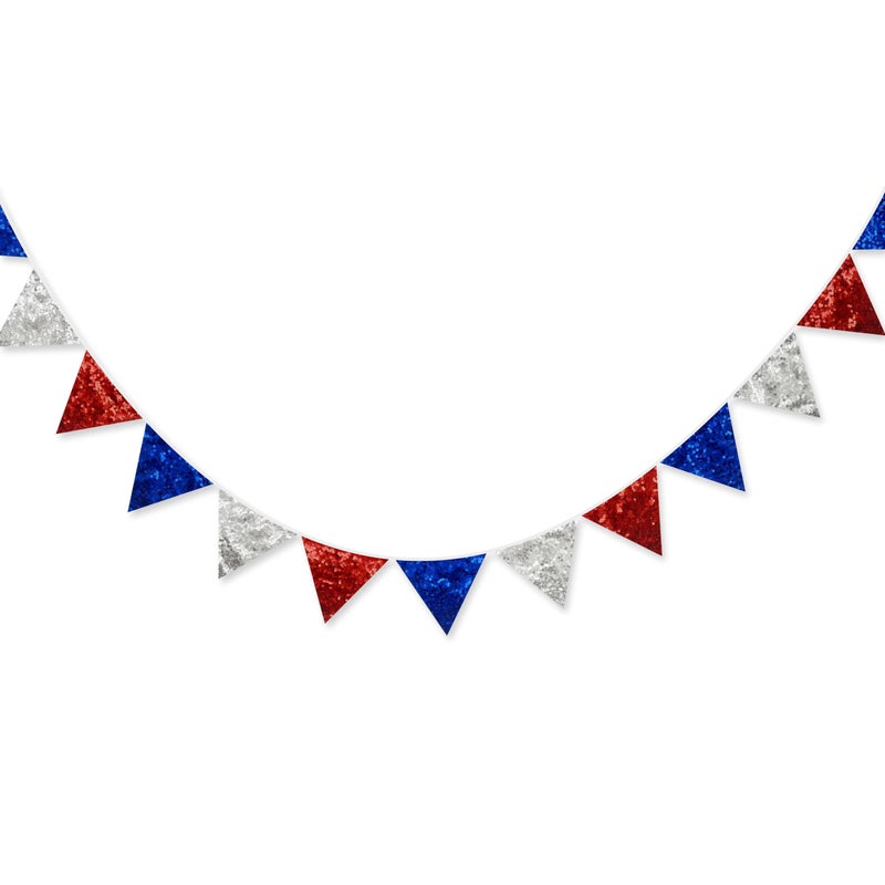 pinkblume Red Blue Silver Decorations Double Sided Sequin Fabric Triangle Pennant Banner Flag Bunting Garland for Nursery Classroom Home Bedroom Wall 4th of July American Veterans USA Holiday Decor - Image 1
