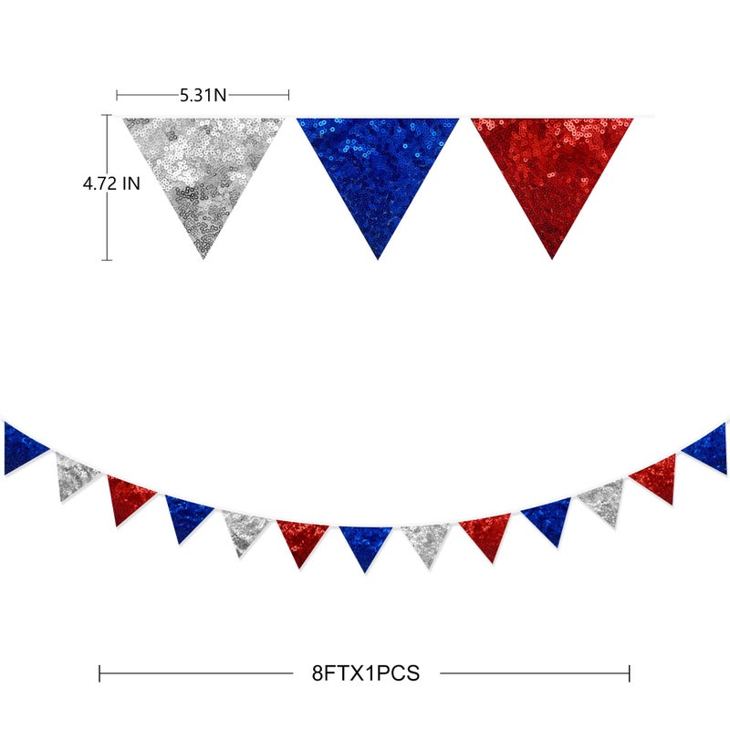 pinkblume Red Blue Silver Decorations Double Sided Sequin Fabric Triangle Pennant Banner Flag Bunting Garland for Nursery Classroom Home Bedroom Wall 4th of July American Veterans USA Holiday Decor - Image 2