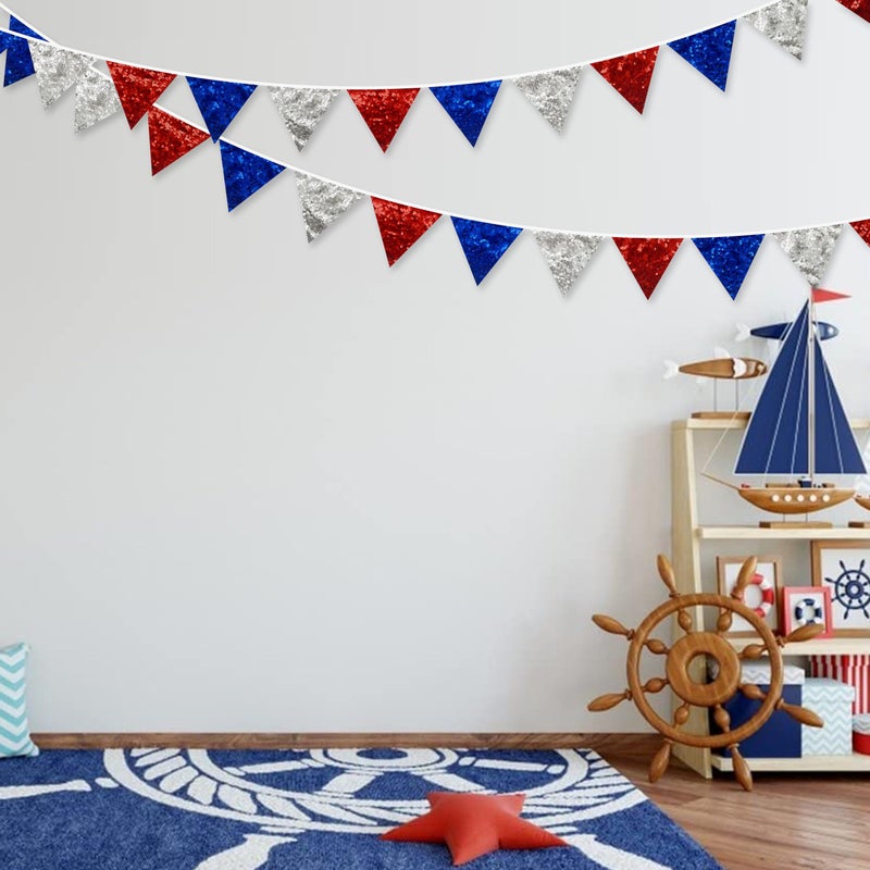 pinkblume Red Blue Silver Decorations Double Sided Sequin Fabric Triangle Pennant Banner Flag Bunting Garland for Nursery Classroom Home Bedroom Wall 4th of July American Veterans USA Holiday Decor - Image 3