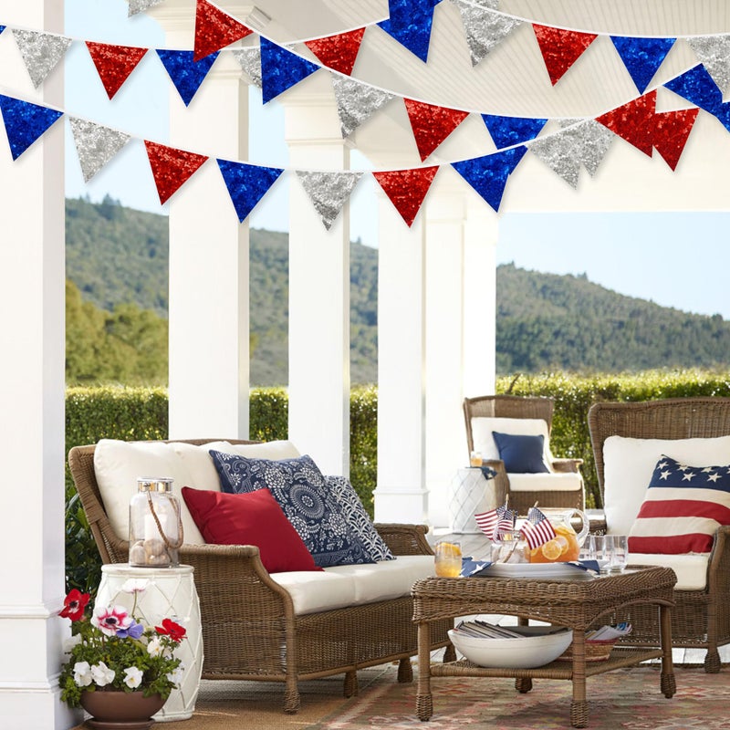 pinkblume Red Blue Silver Decorations Double Sided Sequin Fabric Triangle Pennant Banner Flag Bunting Garland for Nursery Classroom Home Bedroom Wall 4th of July American Veterans USA Holiday Decor - Image 5