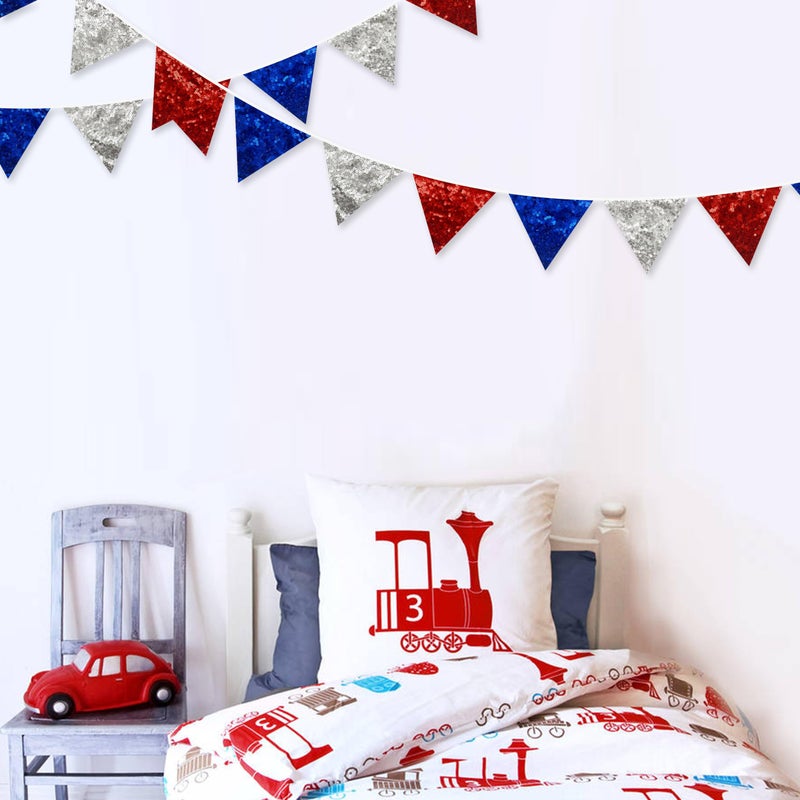 pinkblume Red Blue Silver Decorations Double Sided Sequin Fabric Triangle Pennant Banner Flag Bunting Garland for Nursery Classroom Home Bedroom Wall 4th of July American Veterans USA Holiday Decor - Image 4