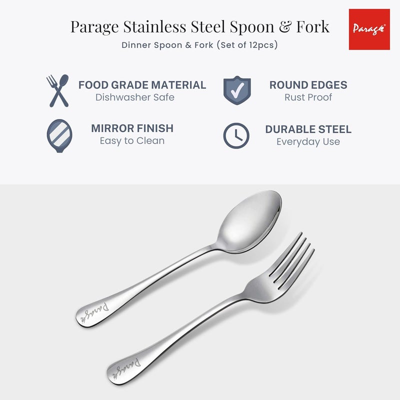 Parage 12 Pieces Stainless Steel Table Spoons and Forks Set with Round Edge Tableware Set of 12 Silver Contains 6 Table Spoons and 6 Dinner Forks - Image 3