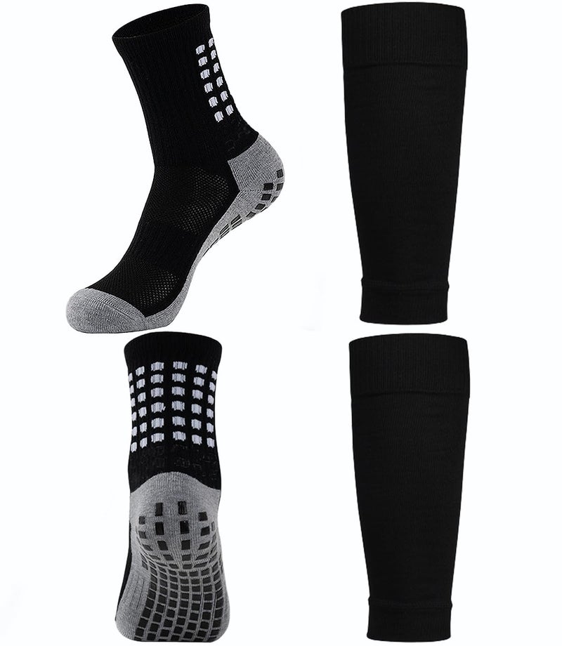 KMOLY 2 Set Kids Grip Soccer Socks and Shin Guard Sleeves for Age 714 Youth Boys Children Football Basketball Training 2 Set Black - Image 2