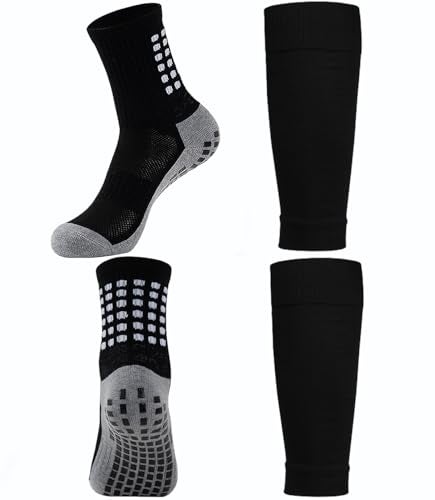 KMOLY 2 Set Kids Grip Soccer Socks and Shin Guard Sleeves for Age 714 Youth Boys Children Football Basketball Training 2 Set Black - Image 1