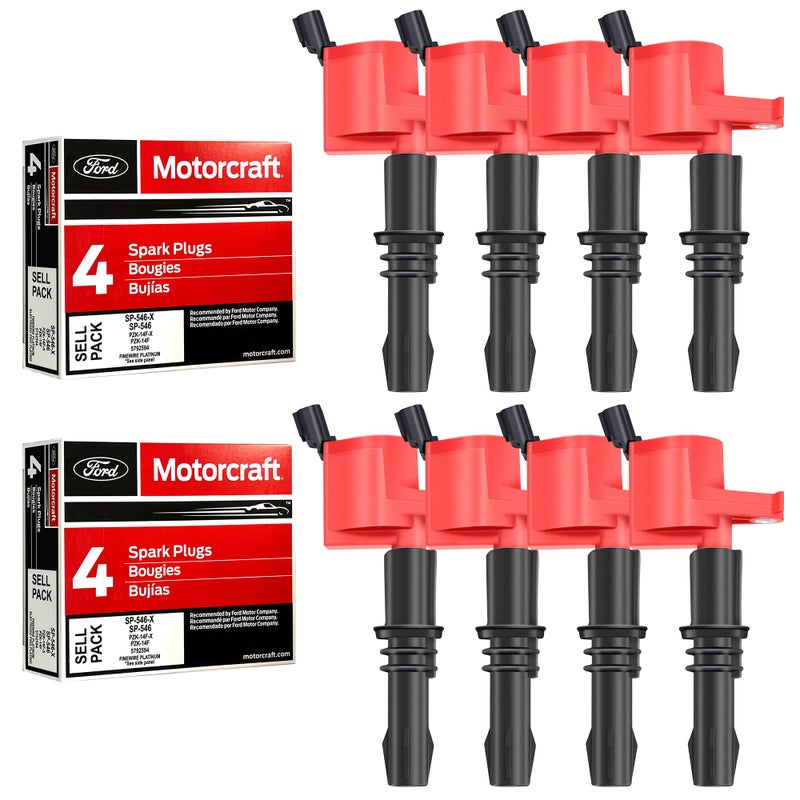 MAS Set of 8 Red Ignition Coils Pack DG511 Motorcraft SP515 SP546 Spark Plug Compatible with Ford Expedition F150 F250 Lincoln Mark LT Navigator Replacement for 3L3E12A366CA 5C1584 C1541 FD508 DG511