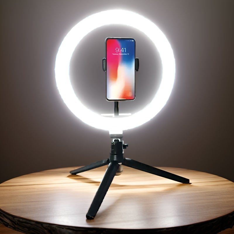 قطعة واحدة من حلقة إضاءة LED مقاس 10 بوصات مع حامل هاتف ومرآة للإضاءة، مناسبة للمكياج والفيديو والتصوير الذاتي والمدونات والبث المباشر، باللون الأسود. - Image 1