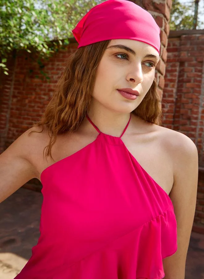 SASSAFRAS Sassafras Pink Solid Frill Halter Neck Midi Dress