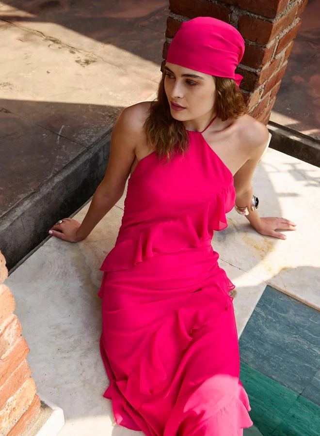 ساسافراس Sassafras Pink Solid Frill Halter Neck Midi Dress